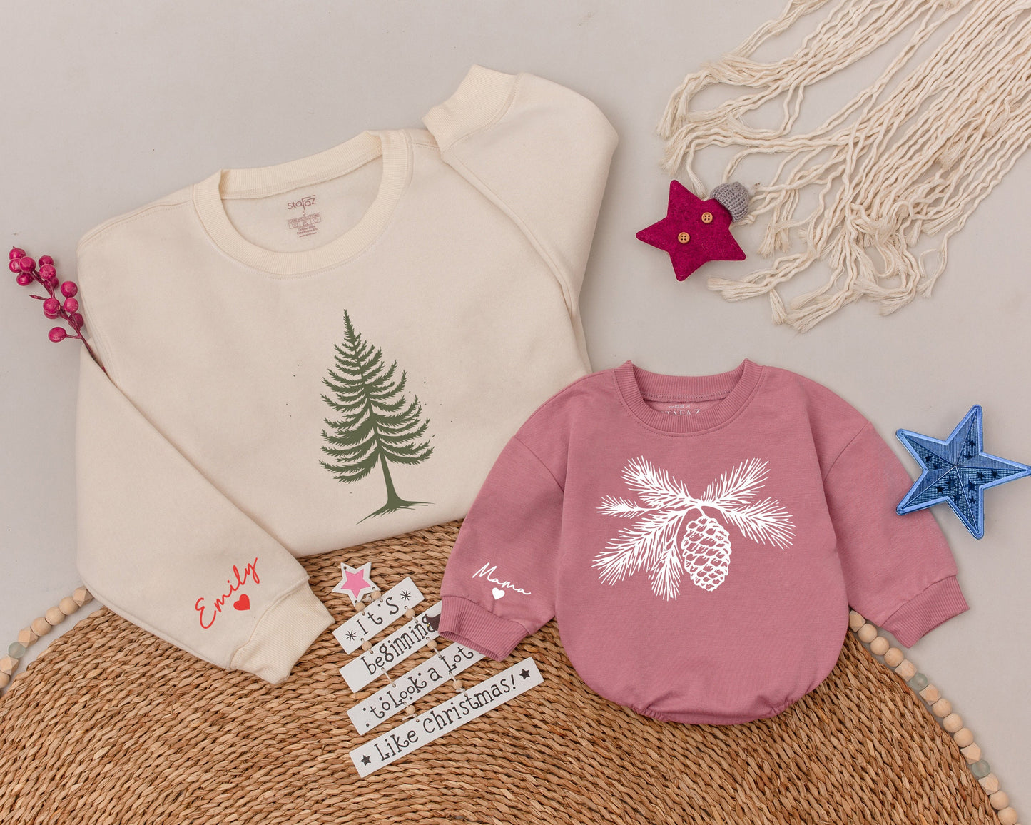 Matching Mom and Baby Christmas Sweatshirts: Pine Tree & Pinecone