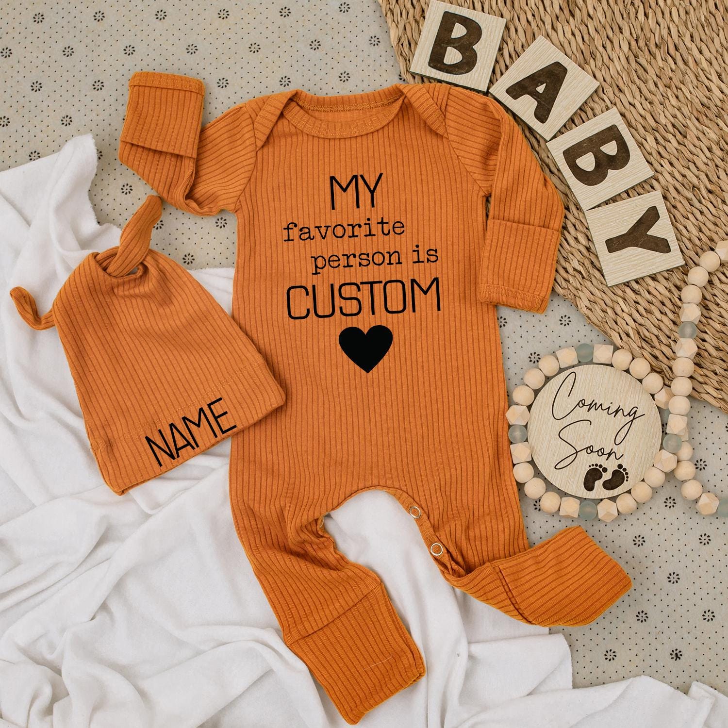 My Favorite Person is Custom Baby Bodysuit & Hat Set Black Heart Name Brim for Grandparents Aunt Uncle