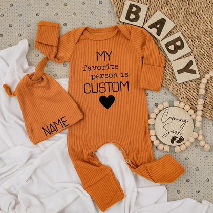 My Favorite Person is Custom Baby Bodysuit & Hat Set Black Heart Name Brim for Grandparents Aunt Uncle