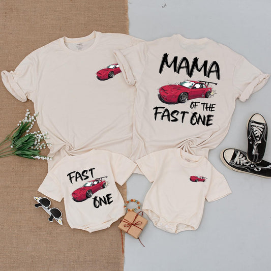 Race Car First Birthday Family Shirts - Matching Red Car Outfit