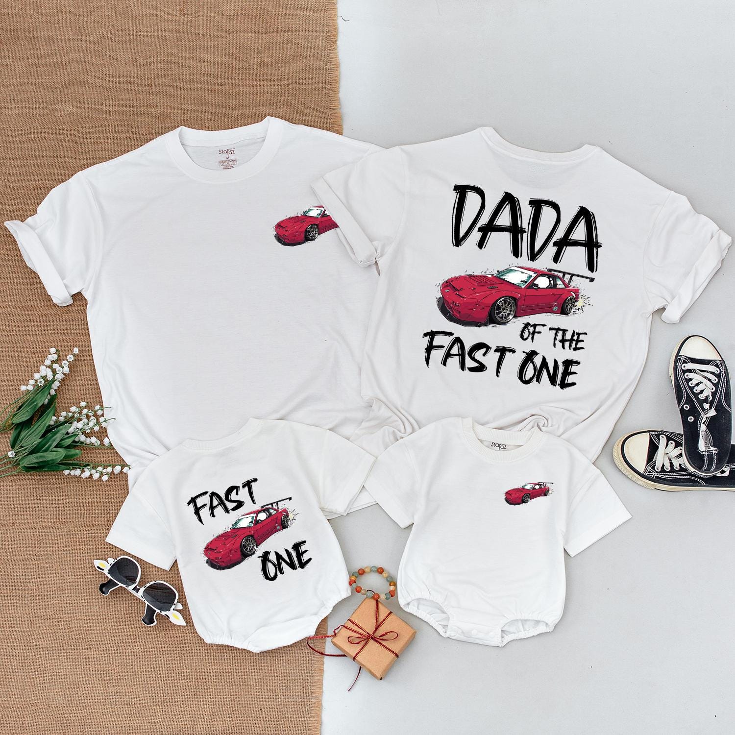 Race Car First Birthday Family Shirts - Matching Red Car Outfit