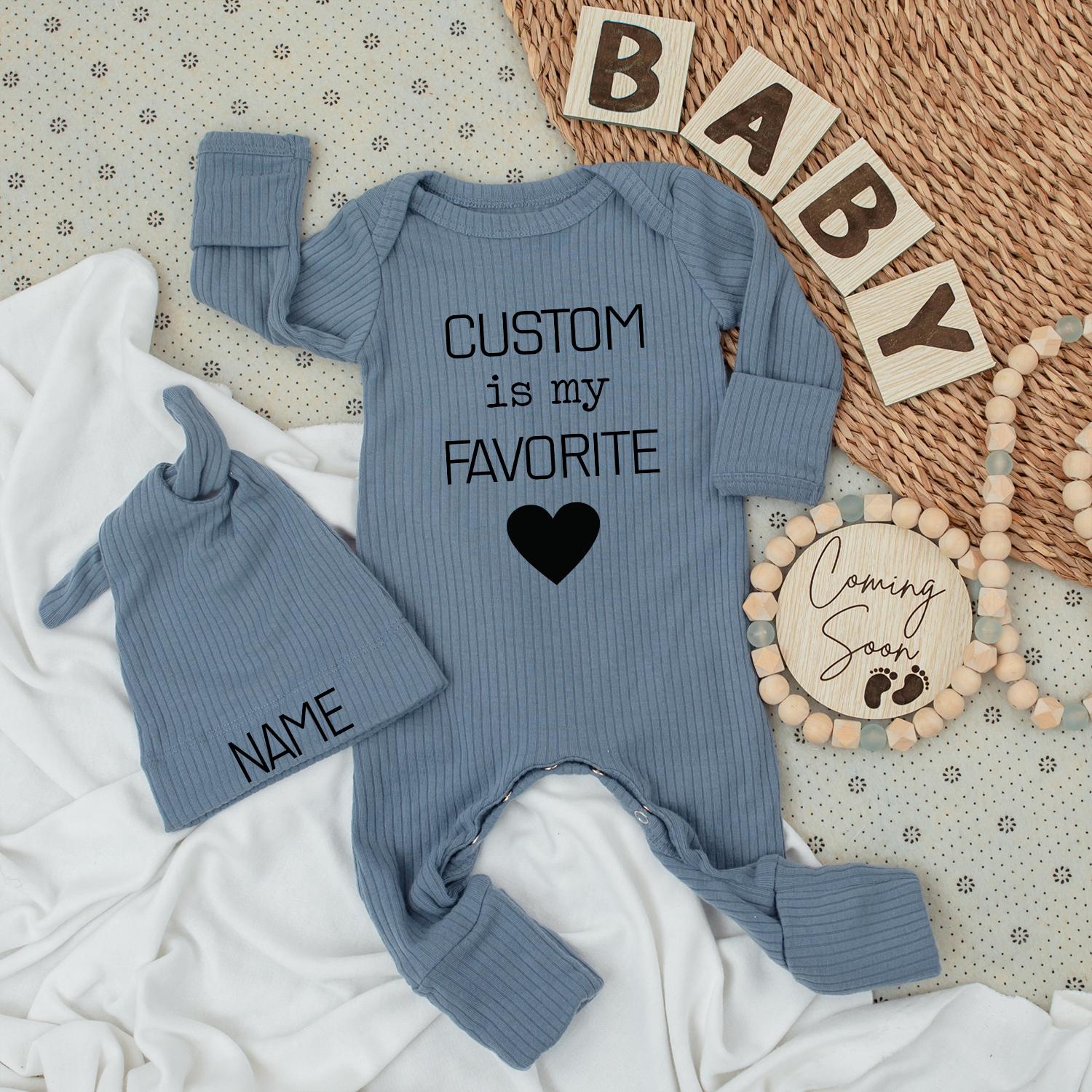 Custom is my FAVORITE Baby Bodysuit & Hat Set - Personalized Name Announcement Gift for New Baby Boy or Girl Romper