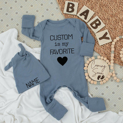 Custom is my FAVORITE Baby Bodysuit & Hat Set - Personalized Name Announcement Gift for New Baby Boy or Girl Romper