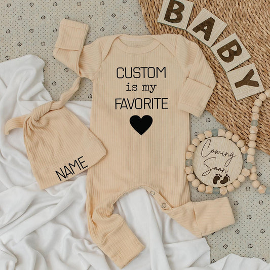 Custom is my FAVORITE Baby Bodysuit & Hat Set - Personalized Name Announcement Gift for New Baby Boy or Girl Romper