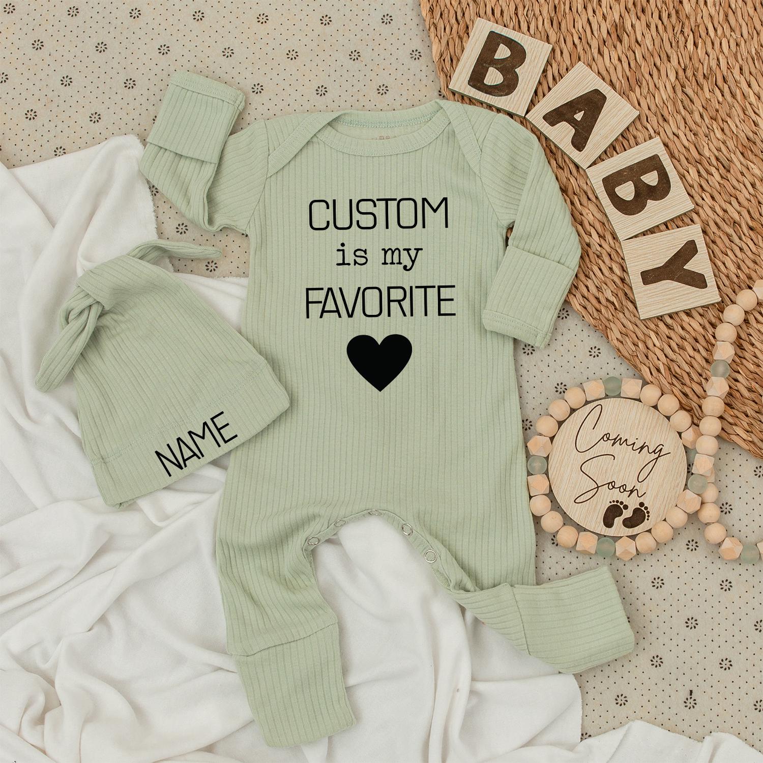 Custom is my FAVORITE Baby Bodysuit & Hat Set - Personalized Name Announcement Gift for New Baby Boy or Girl Romper