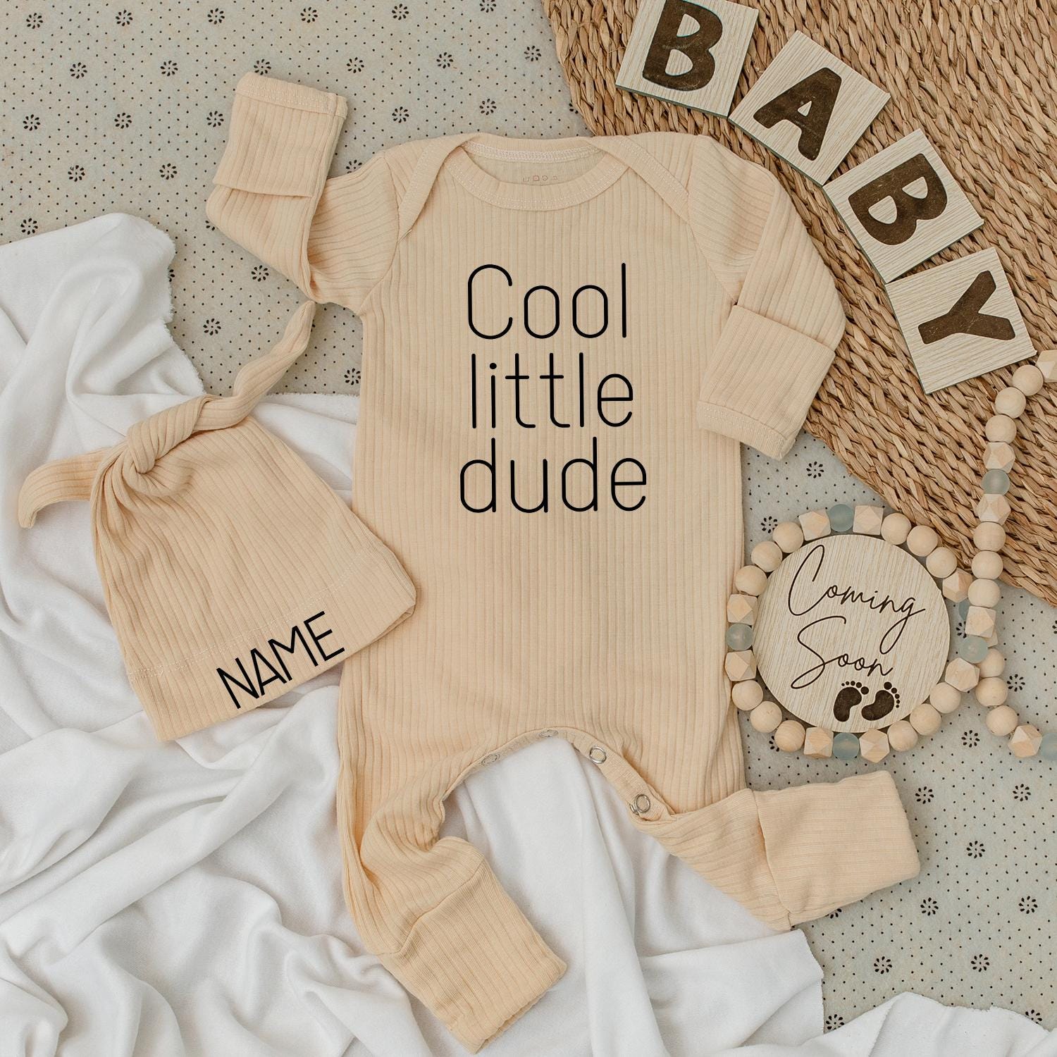 Cool Little Dude Bodysuit & Hat Set for Baby Boys, "Cool little dude" & "NAME" Print, Modern Minimalist Design, Newborn Gift, Big Brother Outfit, Coming Soon Announcement