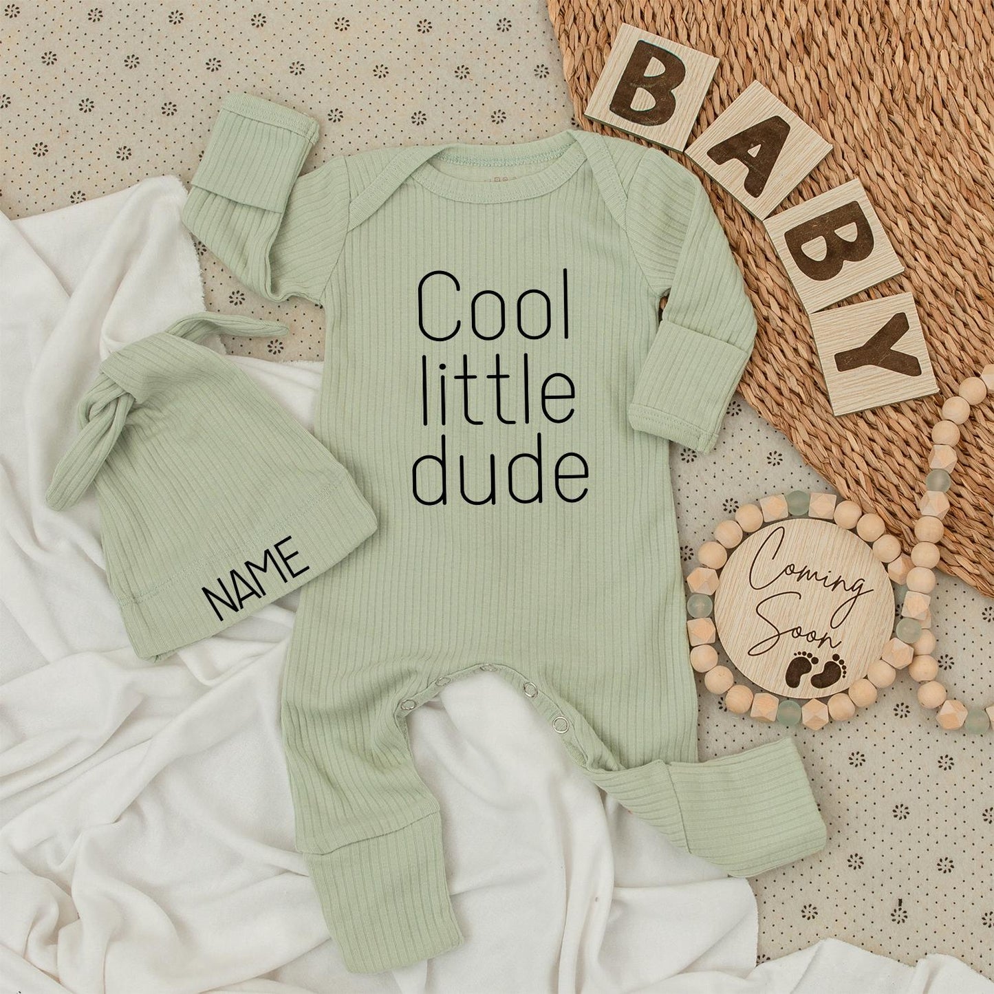 Cool Little Dude Bodysuit & Hat Set for Baby Boys, "Cool little dude" & "NAME" Print, Modern Minimalist Design, Newborn Gift, Big Brother Outfit, Coming Soon Announcement