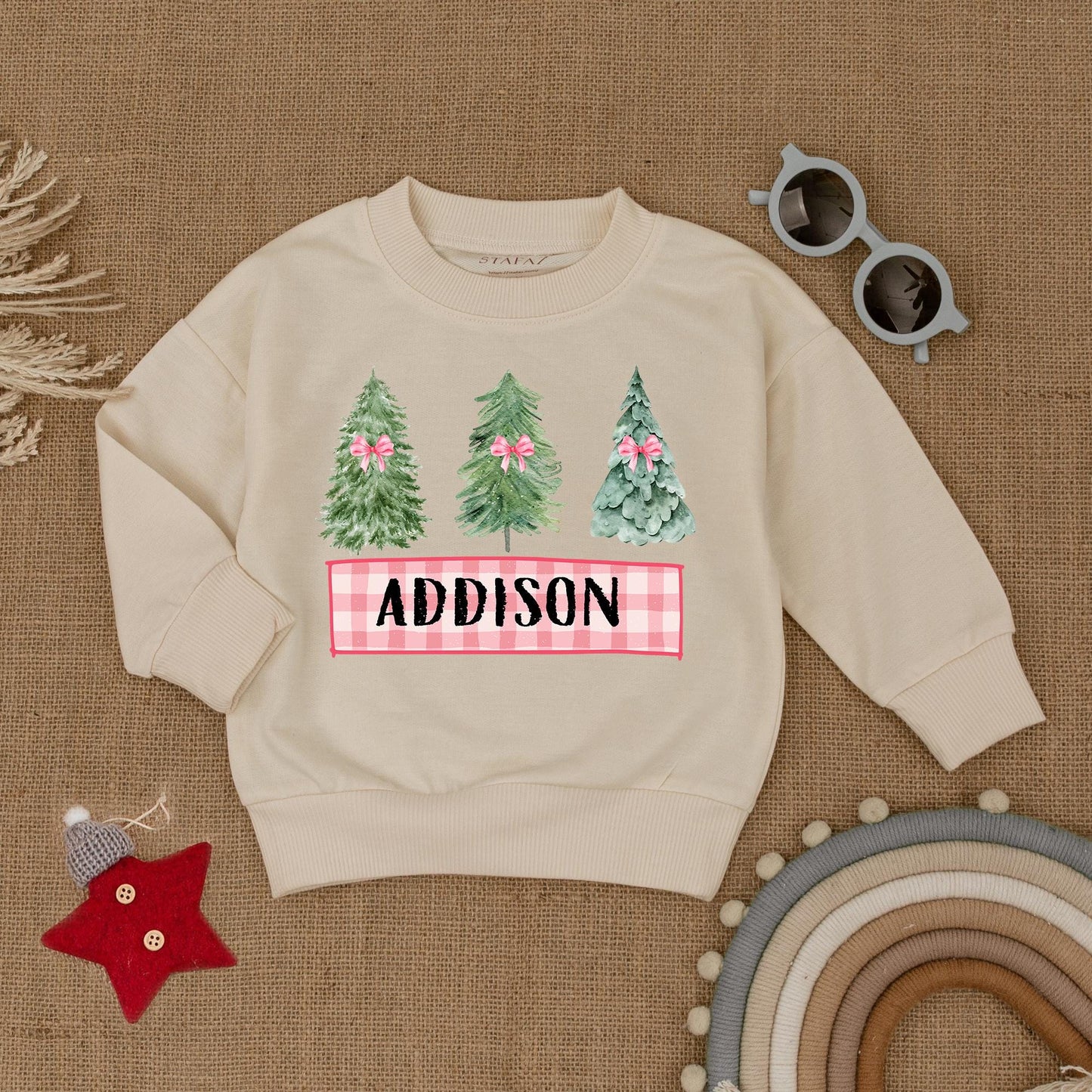 Personalized Christmas Toddler Sweatshirt Featuring Cute Pink Bow Tree Design Custom Name Holiday Season Baby Shower Gift Cozy Kid Infant Outfit