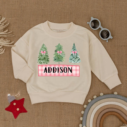 Personalized Christmas Toddler Sweatshirt Featuring Cute Pink Bow Tree Design Custom Name Holiday Season Baby Shower Gift Cozy Kid Infant Outfit