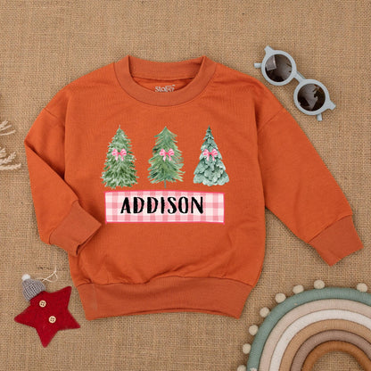 Personalized Christmas Toddler Sweatshirt Featuring Cute Pink Bow Tree Design Custom Name Holiday Season Baby Shower Gift Cozy Kid Infant Outfit