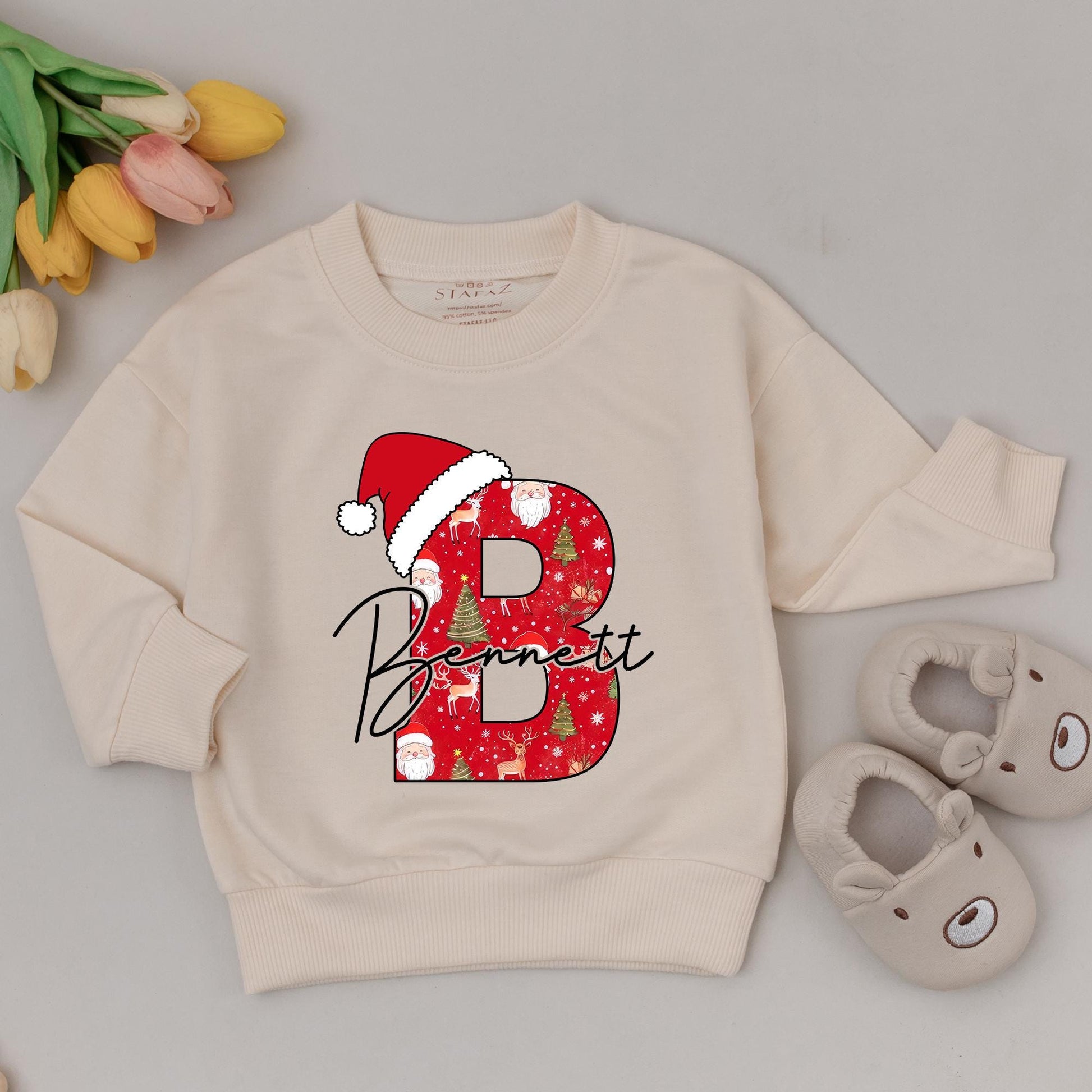 Personalized Baby's 1st Christmas Sweatshirt with Initial B & Santa Hat, Custom Name Bennett, Cute Holiday Outfit, New Baby Gift for Girls 137 chars