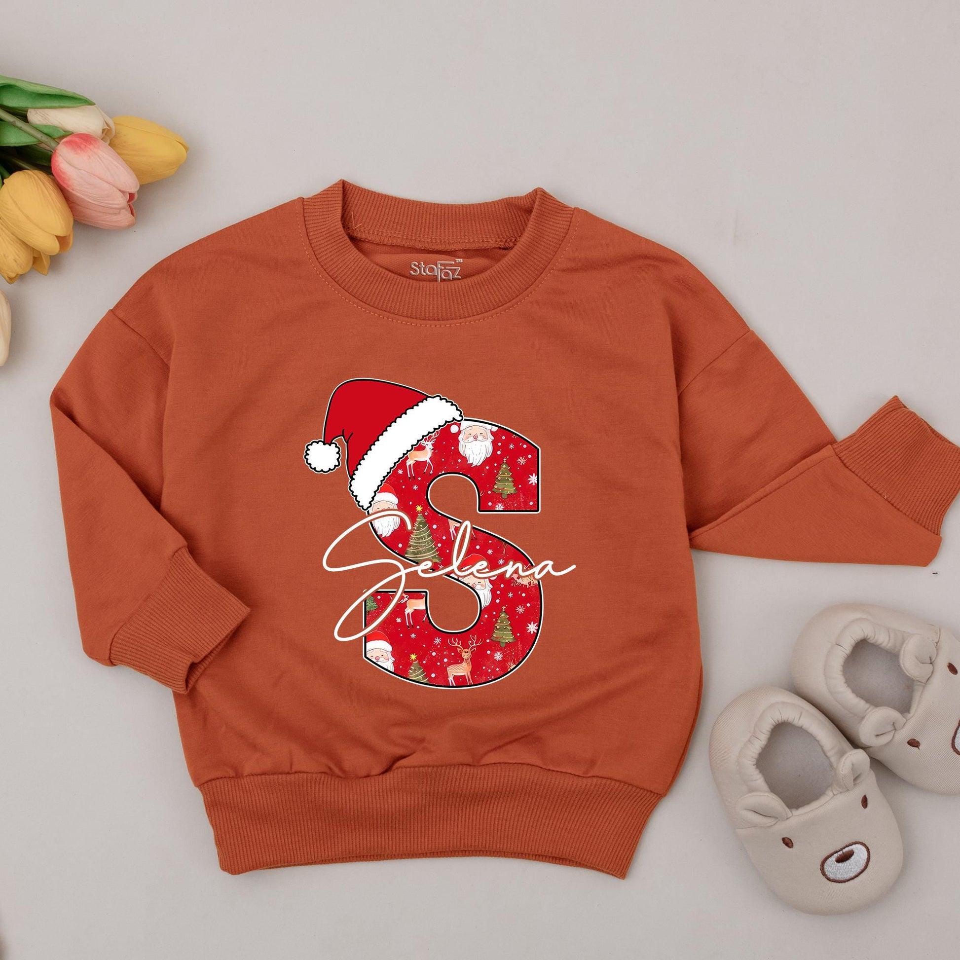 Personalized Baby's 1st Christmas Sweatshirt with Initial B & Santa Hat, Custom Name Bennett, Cute Holiday Outfit, New Baby Gift for Girls 137 chars