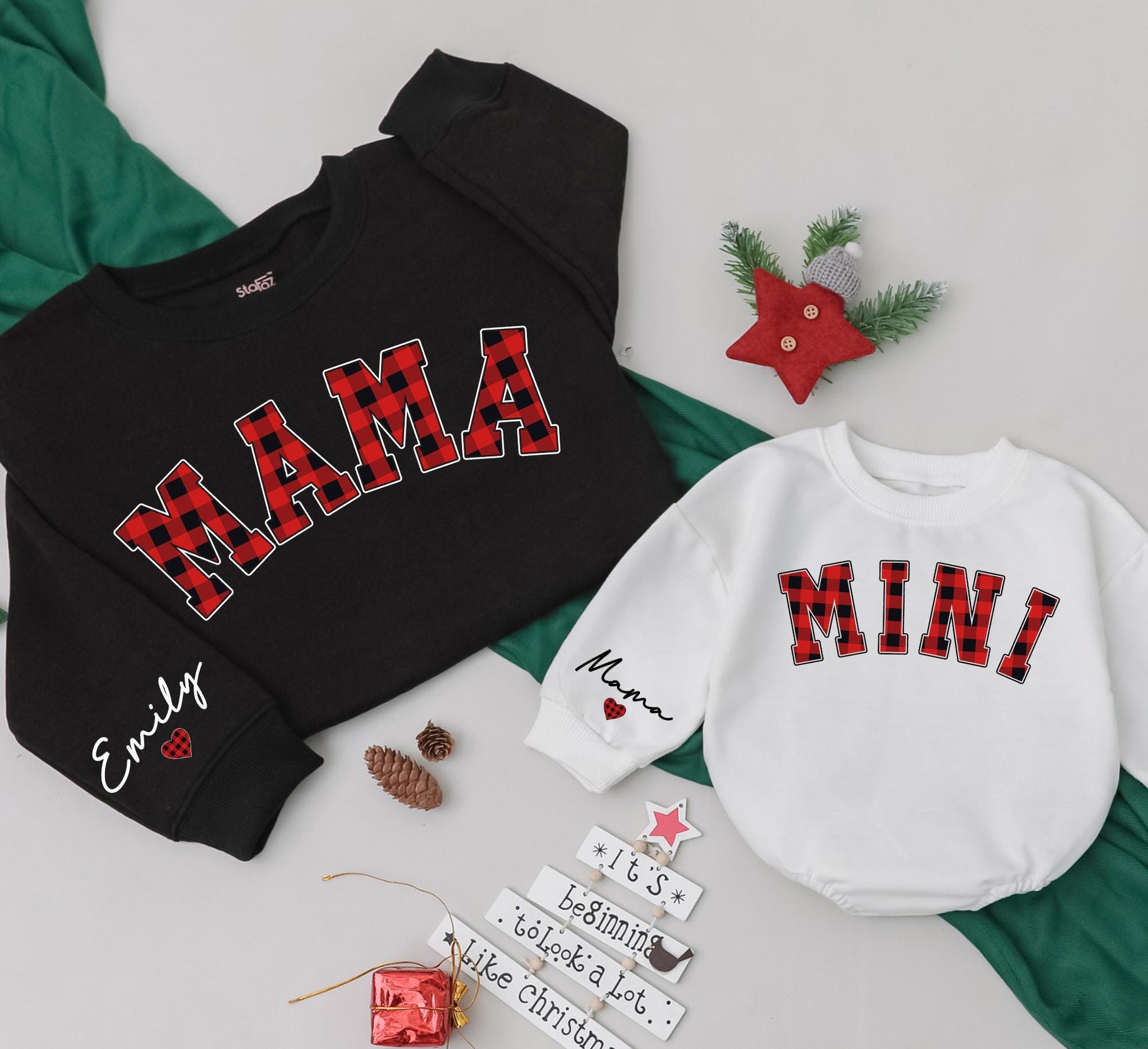Personalized Mama and Mini Red Buffalo Plaid Sweatshirts for Mom and Baby Matching Christmas Outfits Custom Name on Sleeve Daughter Kid Gift