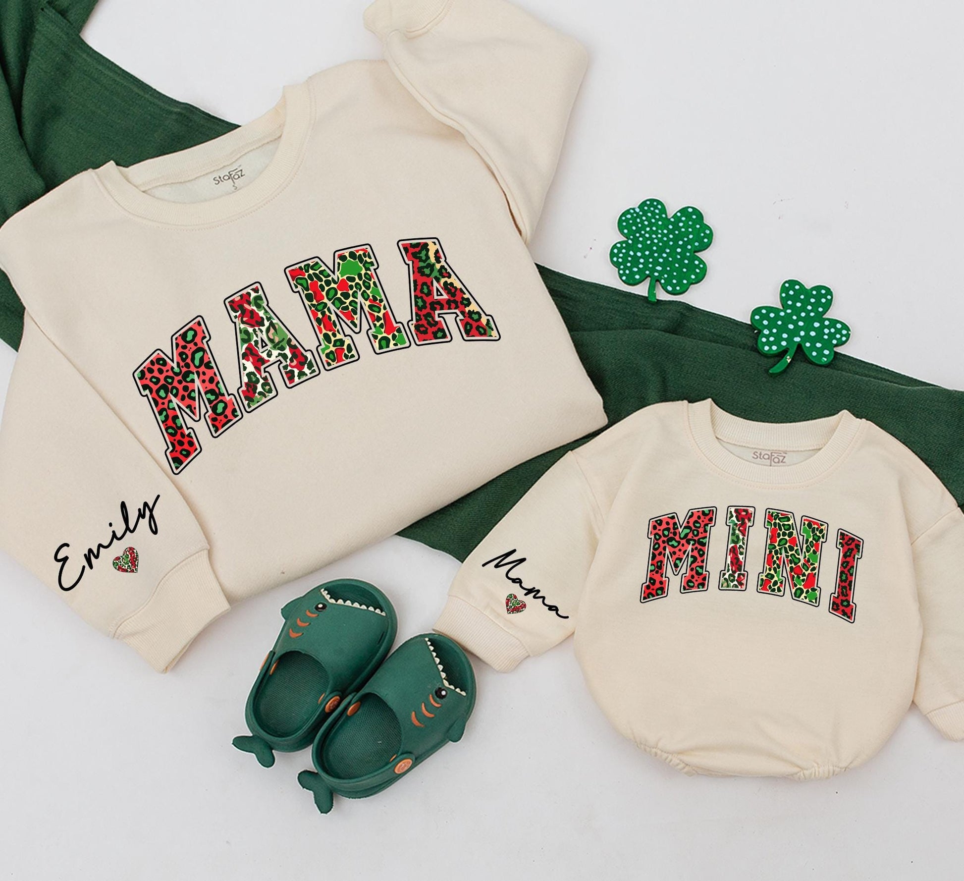 Mama and Mini Leopard Christmas Sweatshirt Matching Outfit, Festive Mommy and Me Top, Emily Sleeve Detail, Red Green Animal Print Holiday Clothes
