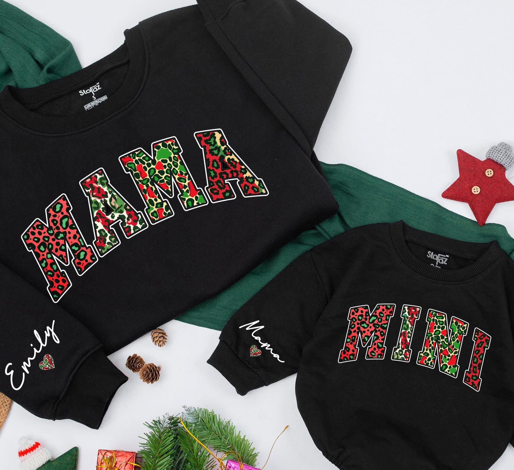 Mama and Mini Leopard Christmas Sweatshirt Matching Outfit, Festive Mommy and Me Top, Emily Sleeve Detail, Red Green Animal Print Holiday Clothes