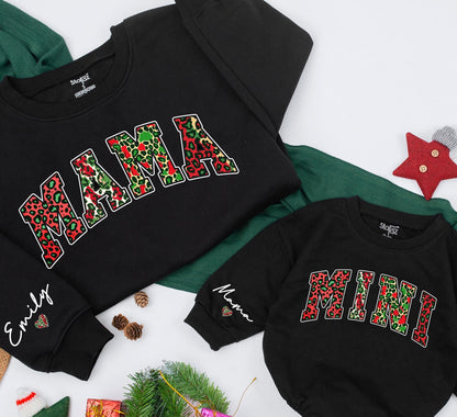 Mama and Mini Leopard Christmas Sweatshirt Matching Outfit, Festive Mommy and Me Top, Emily Sleeve Detail, Red Green Animal Print Holiday Clothes