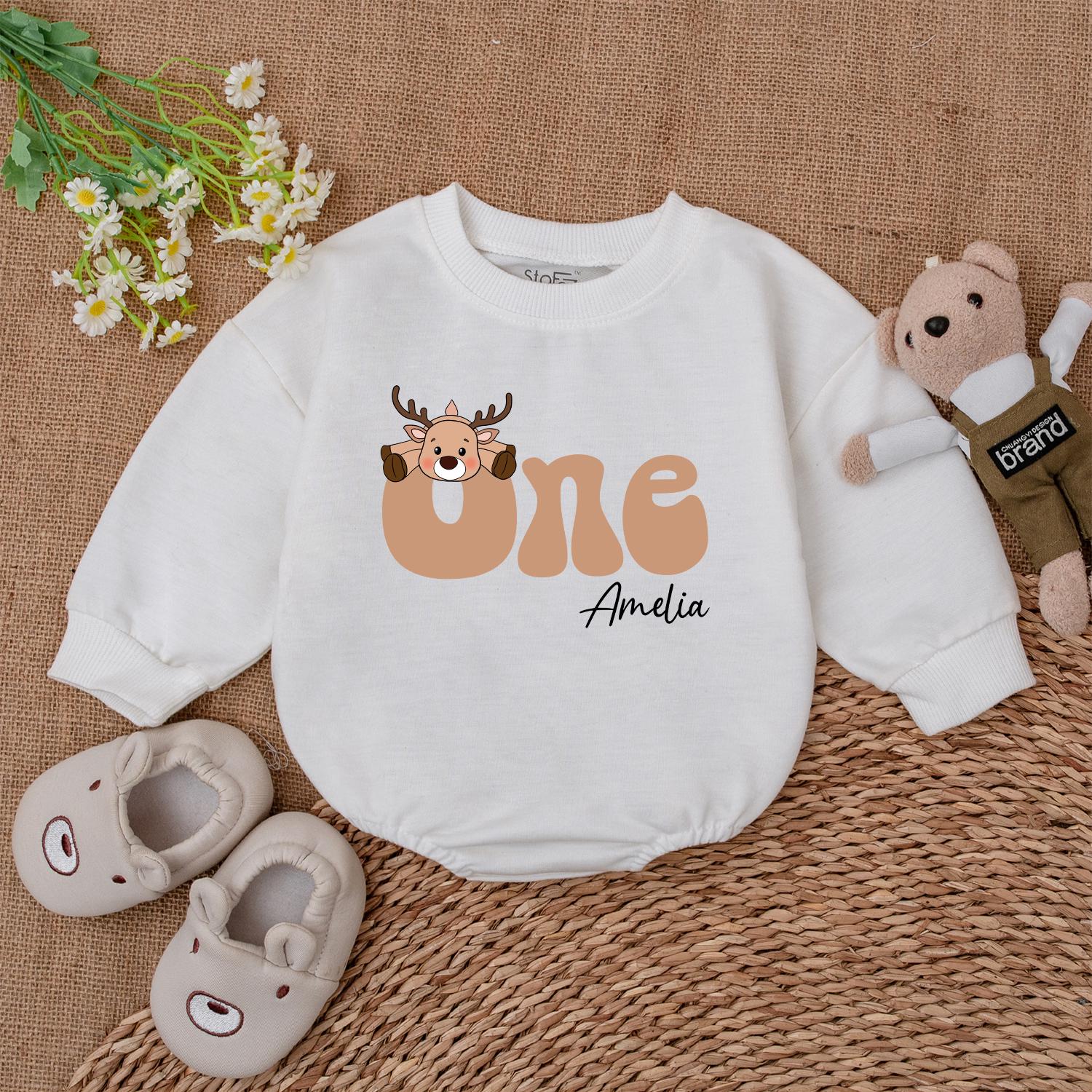 First Christmas Bubble Romper - Personalized Baby Reindeer Outfit