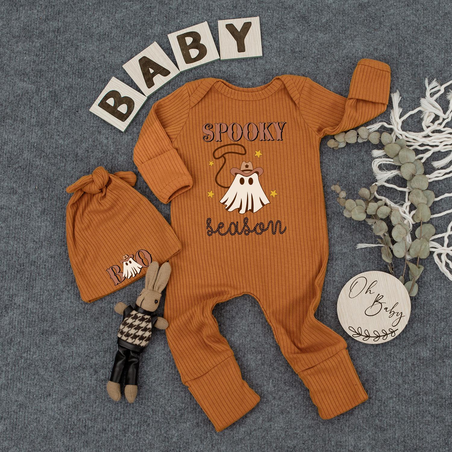 Spooky Season Baby Outfit Cowboy Ghost Bodysuit & Hat Set, Cute Halloween Infant Clothes, Boho Western Newborn Romper, New Mom Gift, Brown & Yellow Stars (139)
