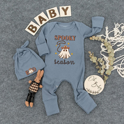 Spooky Season Baby Outfit Cowboy Ghost Bodysuit & Hat Set, Cute Halloween Infant Clothes, Boho Western Newborn Romper, New Mom Gift, Brown & Yellow Stars (139)