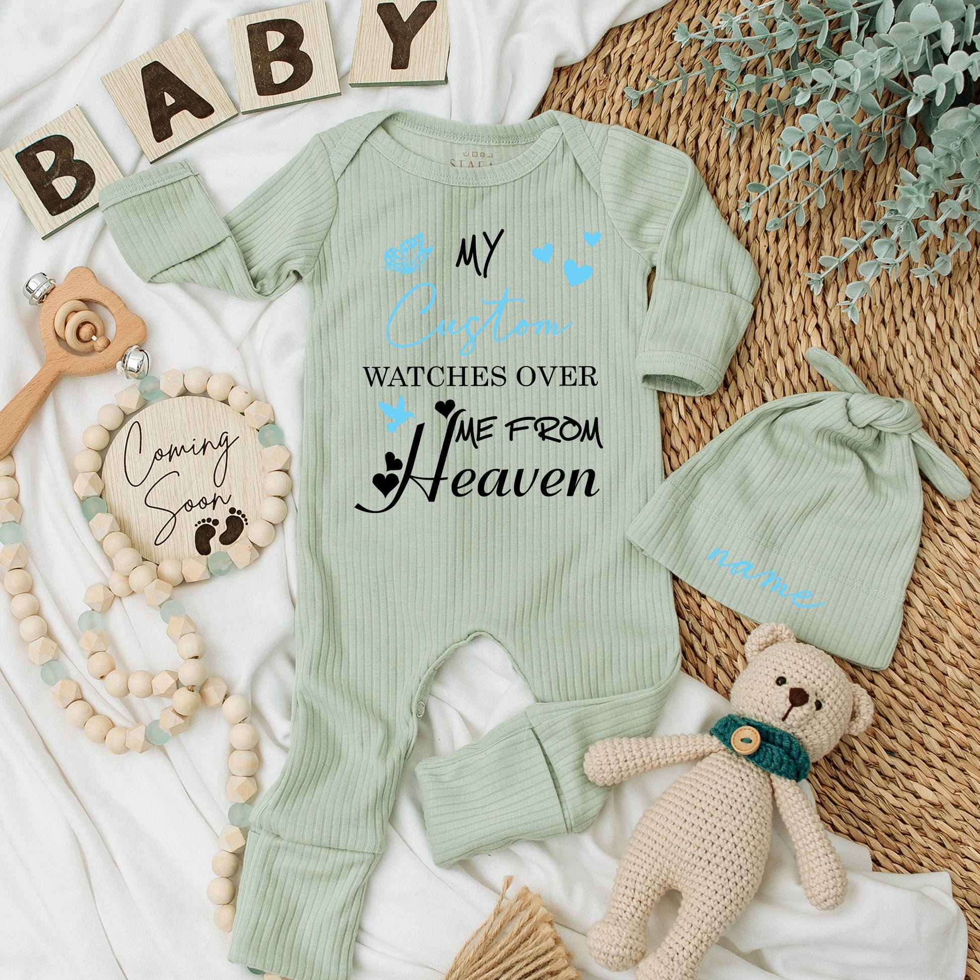 My Custom Name Watches Over Me From Heaven Baby Bodysuit Sweet Sentimental Blue Butterfly Heart Bird Design Newborn Outfit Pregnancy Announcement Gift