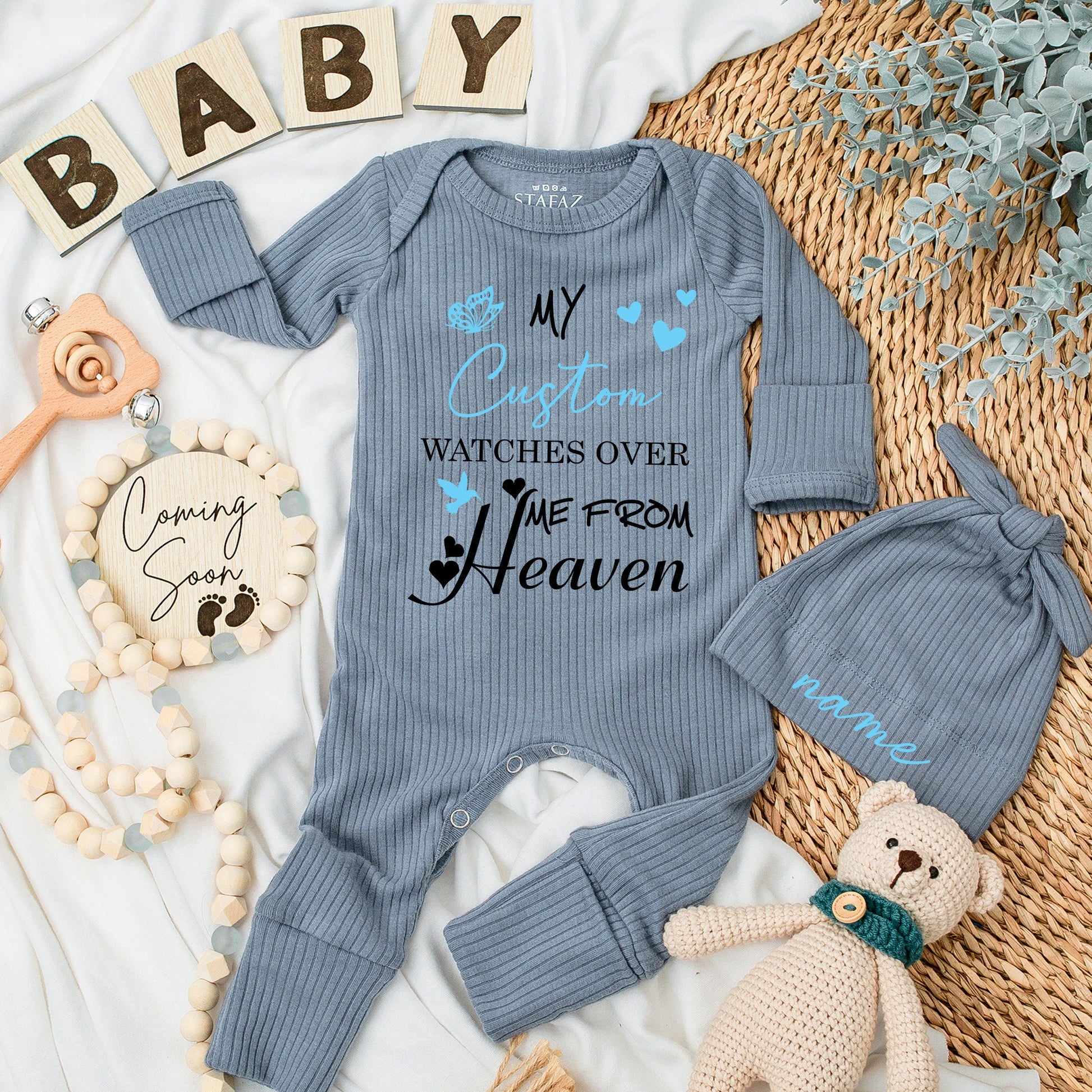 My Custom Name Watches Over Me From Heaven Baby Bodysuit Sweet Sentimental Blue Butterfly Heart Bird Design Newborn Outfit Pregnancy Announcement Gift