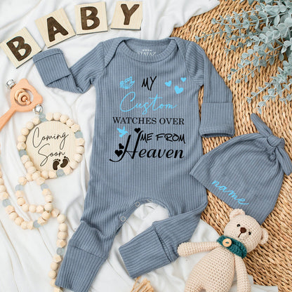 My Custom Name Watches Over Me From Heaven Baby Bodysuit Sweet Sentimental Blue Butterfly Heart Bird Design Newborn Outfit Pregnancy Announcement Gift