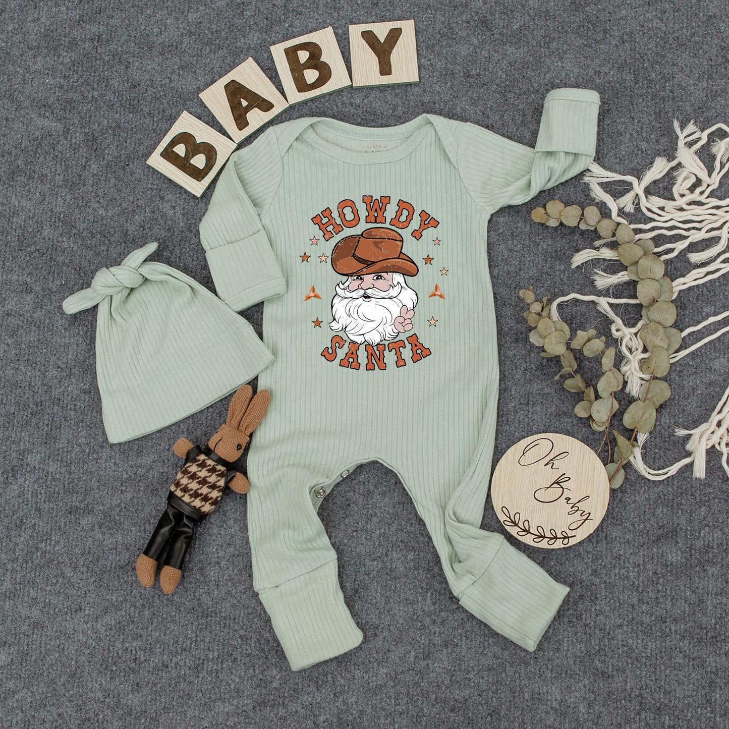 Howdy Santa Christmas Baby Bodysuit & Hat Set, Retro Cowboy Santa Outfit, Newborn Jumpsuit, Baby Shower Gift, First Christmas, Announcement, Xmas Style 135