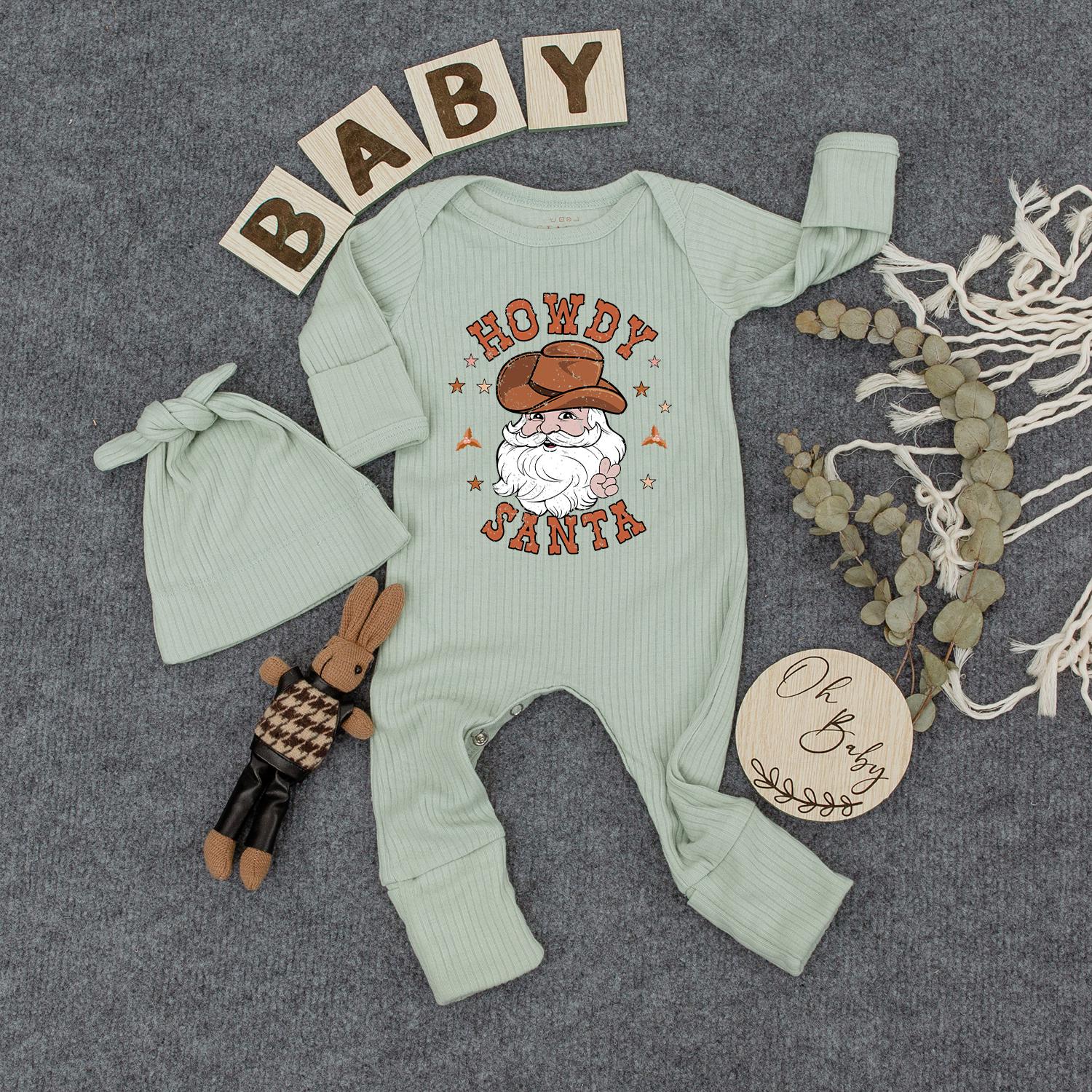 Howdy Santa Christmas Baby Bodysuit & Hat Set, Retro Cowboy Santa Outfit, Newborn Jumpsuit, Baby Shower Gift, First Christmas, Announcement, Xmas Style 135