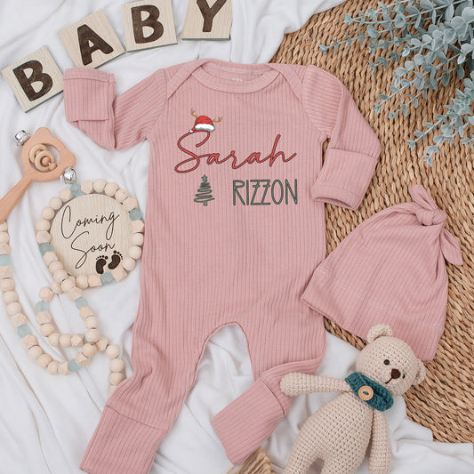 Personalized Sarah Rizzon Christmas Romper Baby Long Sleeve Green Tree Red Santa Hat Soft Going Home Outfit Newborn Gift