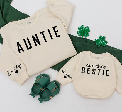 Personalized Auntie's Bestie Matching Romper and Auntie Sweatshirt Set, Custom Name Sleeve, Family Christmas Outfit, Aunt and Niece, Auntie Gift Idea (139 chars)