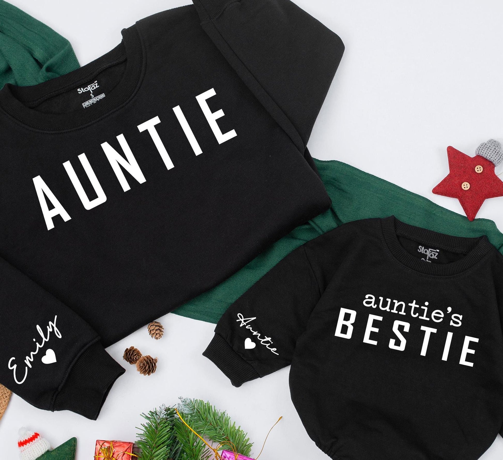 Personalized Auntie's Bestie Matching Romper and Auntie Sweatshirt Set, Custom Name Sleeve, Family Christmas Outfit, Aunt and Niece, Auntie Gift Idea (139 chars)
