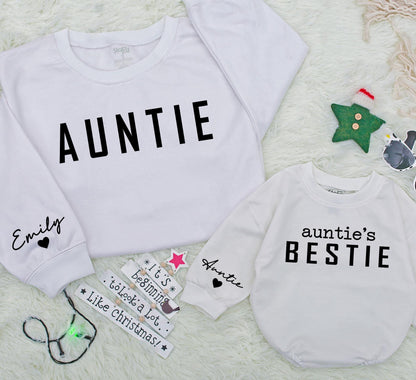 Personalized Auntie's Bestie Matching Romper and Auntie Sweatshirt Set, Custom Name Sleeve, Family Christmas Outfit, Aunt and Niece, Auntie Gift Idea (139 chars)