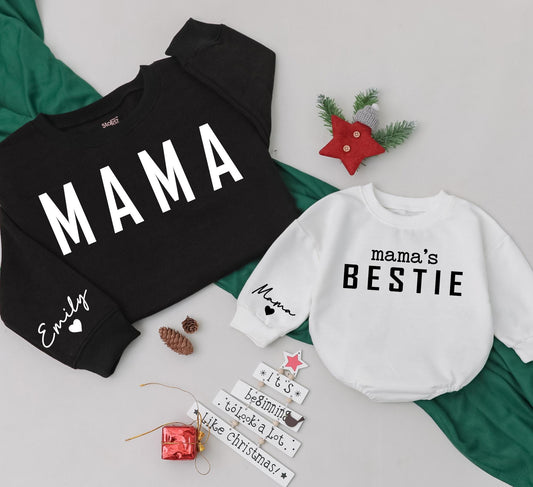 Custom Mama & Bestie Matching Sweatshirts with Sleeve Name for Family Holidays and Baby Gifts White Black Modern Playful
