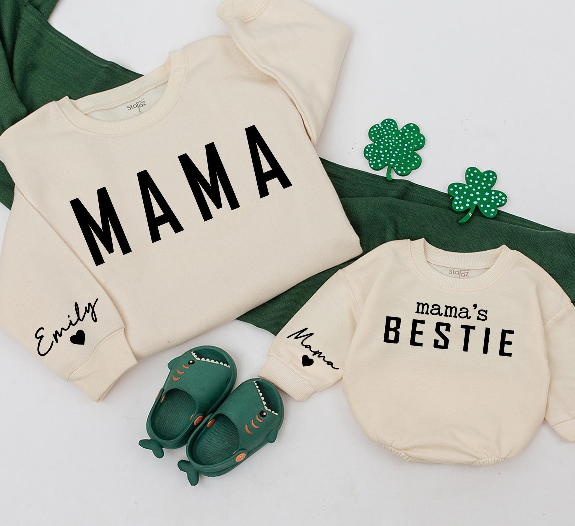 Custom Mama & Bestie Matching Sweatshirts with Sleeve Name for Family Holidays and Baby Gifts White Black Modern Playful