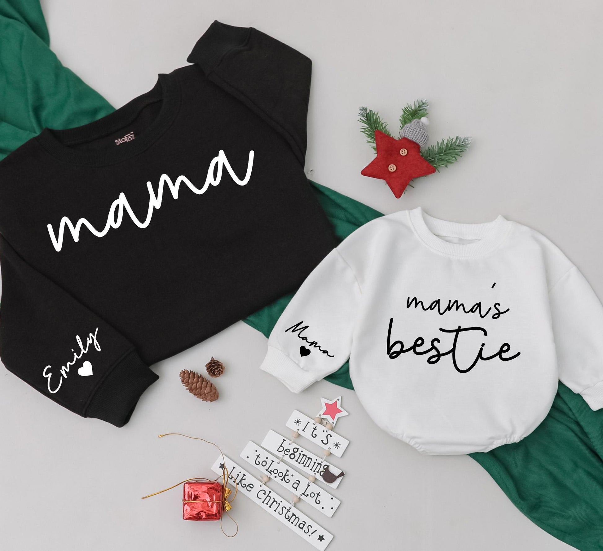 Custom Mama and Bestie Matching Sweatshirt with Name on Sleeve Modern Playful Design Family Gift