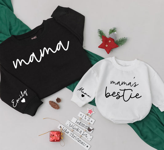 Custom Mama and Bestie Matching Sweatshirt with Name on Sleeve Modern Playful Design Family Gift