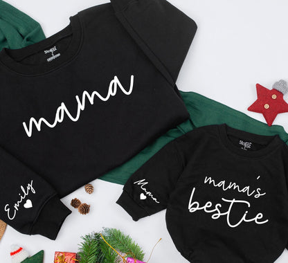 Custom Mama and Bestie Matching Sweatshirt with Name on Sleeve Modern Playful Design Family Gift