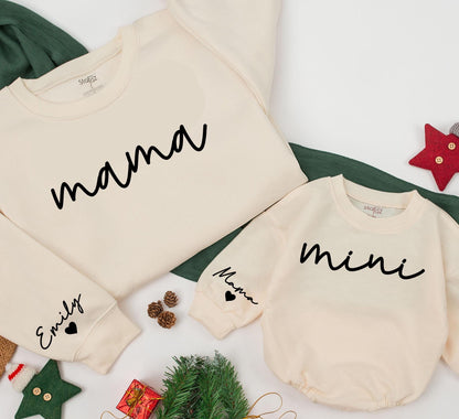Mama & Mini Matching Sweatshirt Set - Personalized Cursive Name Family Outfits, Custom Baby Girl Romper Gift, Comfortable Mom & Daughter Christmas Clothes