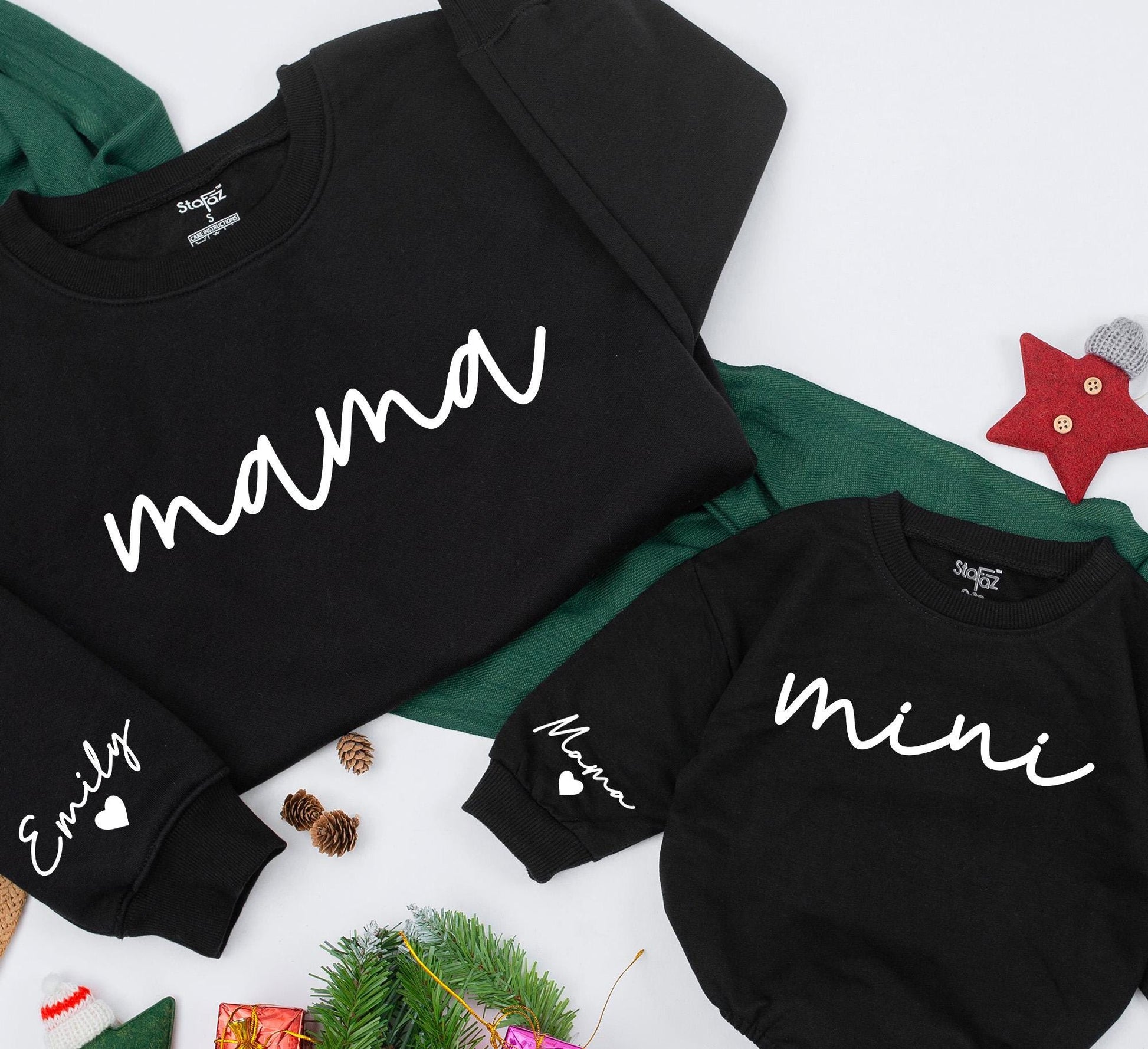 Mama & Mini Matching Sweatshirt Set - Personalized Cursive Name Family Outfits, Custom Baby Girl Romper Gift, Comfortable Mom & Daughter Christmas Clothes
