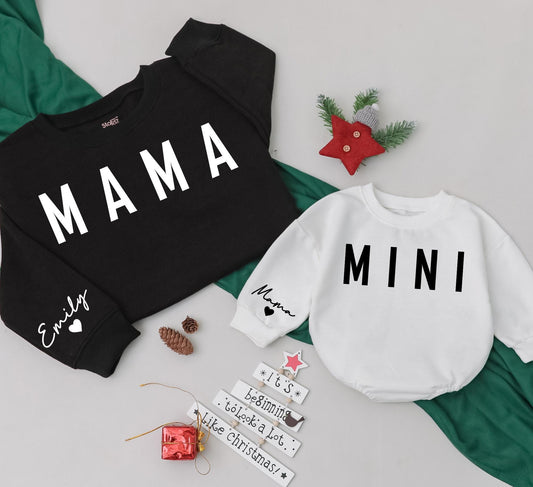 Matching Mama & Mini Christmas Sweatshirts, Personalized Family Holiday Outfit, Mom & Baby Girl Matching, Emily & Heart, Casual Xmas Gift