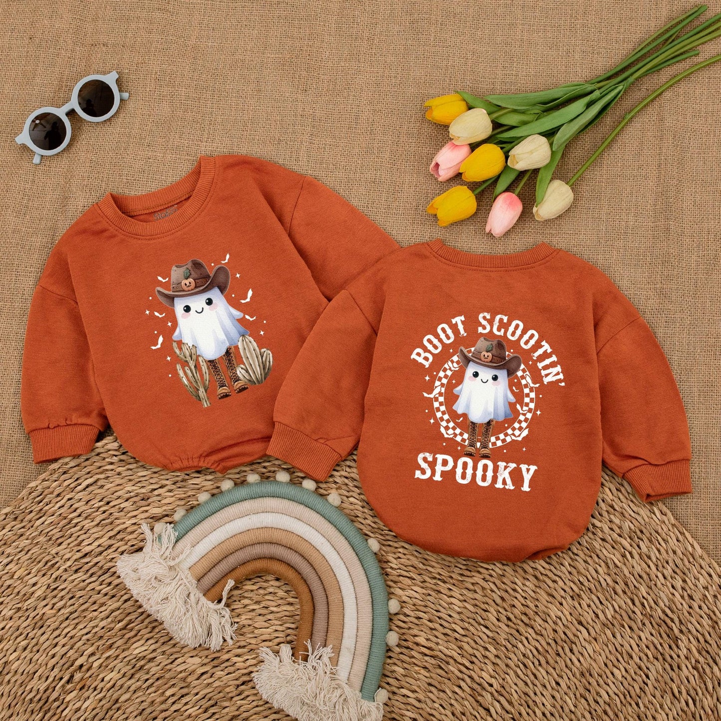 Boot Scootin' Spooky Baby Romper Western Ghost Halloween Outfit with Cowboy Hat Jack-o-lantern Vintage Bubble Bodysuit First Halloween Gift