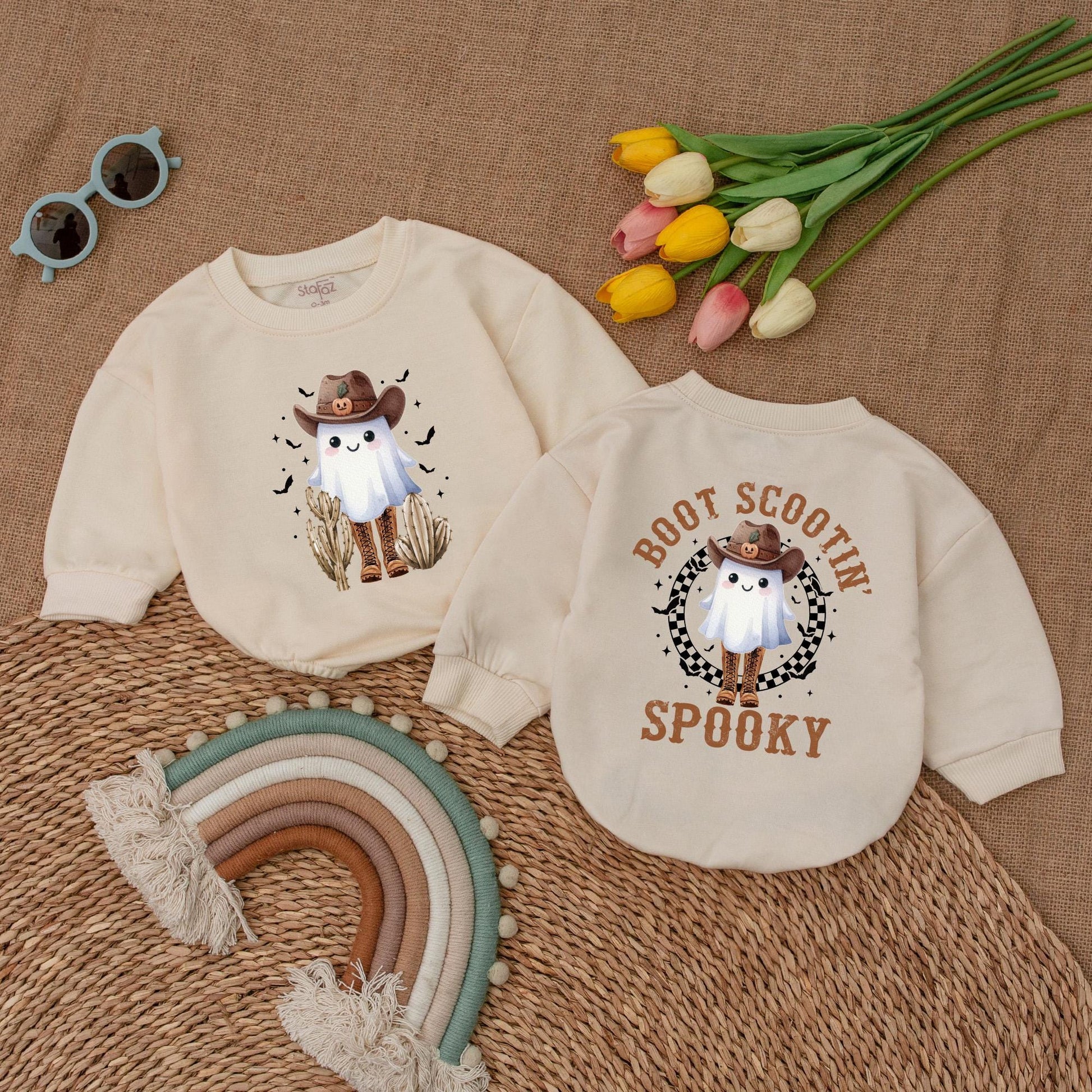 Boot Scootin' Spooky Baby Romper Western Ghost Halloween Outfit with Cowboy Hat Jack-o-lantern Vintage Bubble Bodysuit First Halloween Gift