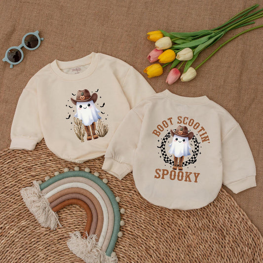Boot Scootin' Spooky Baby Romper Western Ghost Halloween Outfit with Cowboy Hat Jack-o-lantern Vintage Bubble Bodysuit First Halloween Gift
