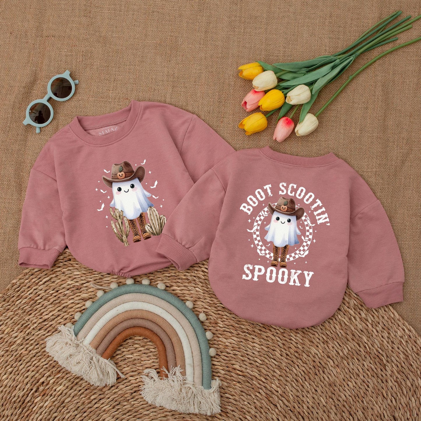 Boot Scootin' Spooky Baby Romper Western Ghost Halloween Outfit with Cowboy Hat Jack-o-lantern Vintage Bubble Bodysuit First Halloween Gift