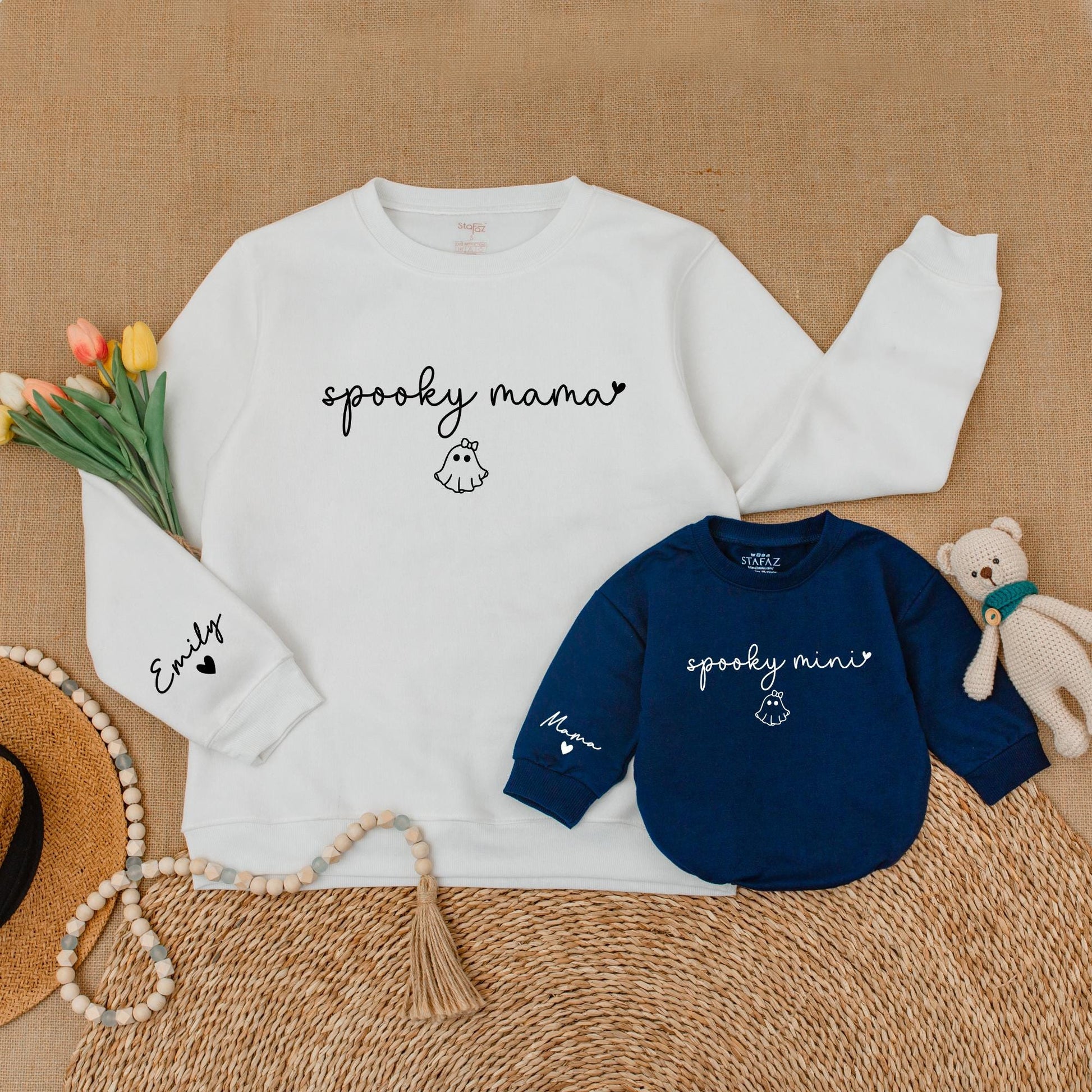 Matching Halloween Outfits: Cute Ghost Retro Mama & Mini Sweaters