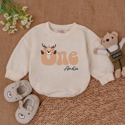 First Christmas Bubble Romper - Personalized Baby Reindeer Outfit