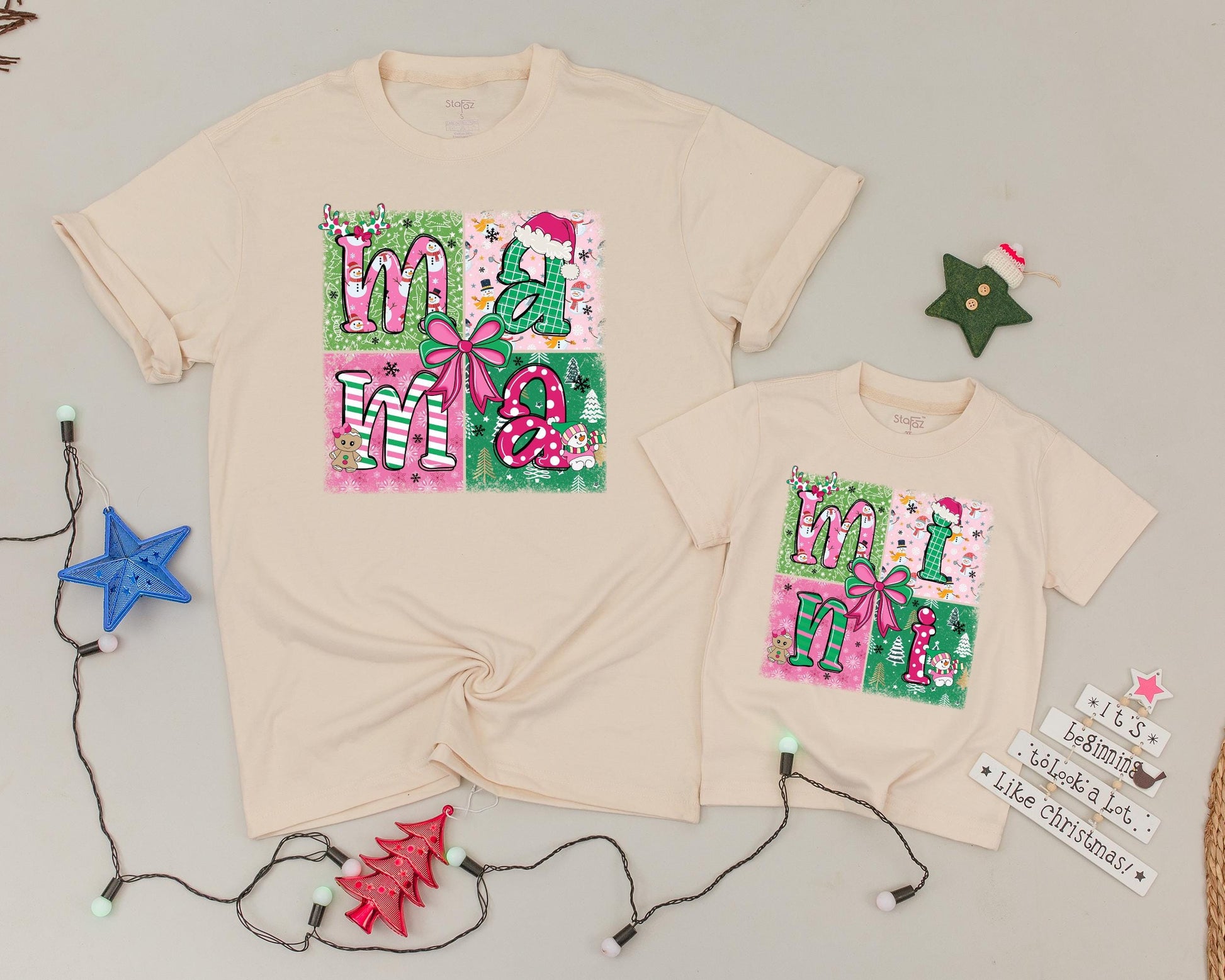 Festive Pink Christmas Shirts, Mama & Mini, Personalized Holiday Fun