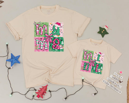 Festive Pink Christmas Shirts, Mama & Mini, Personalized Holiday Fun