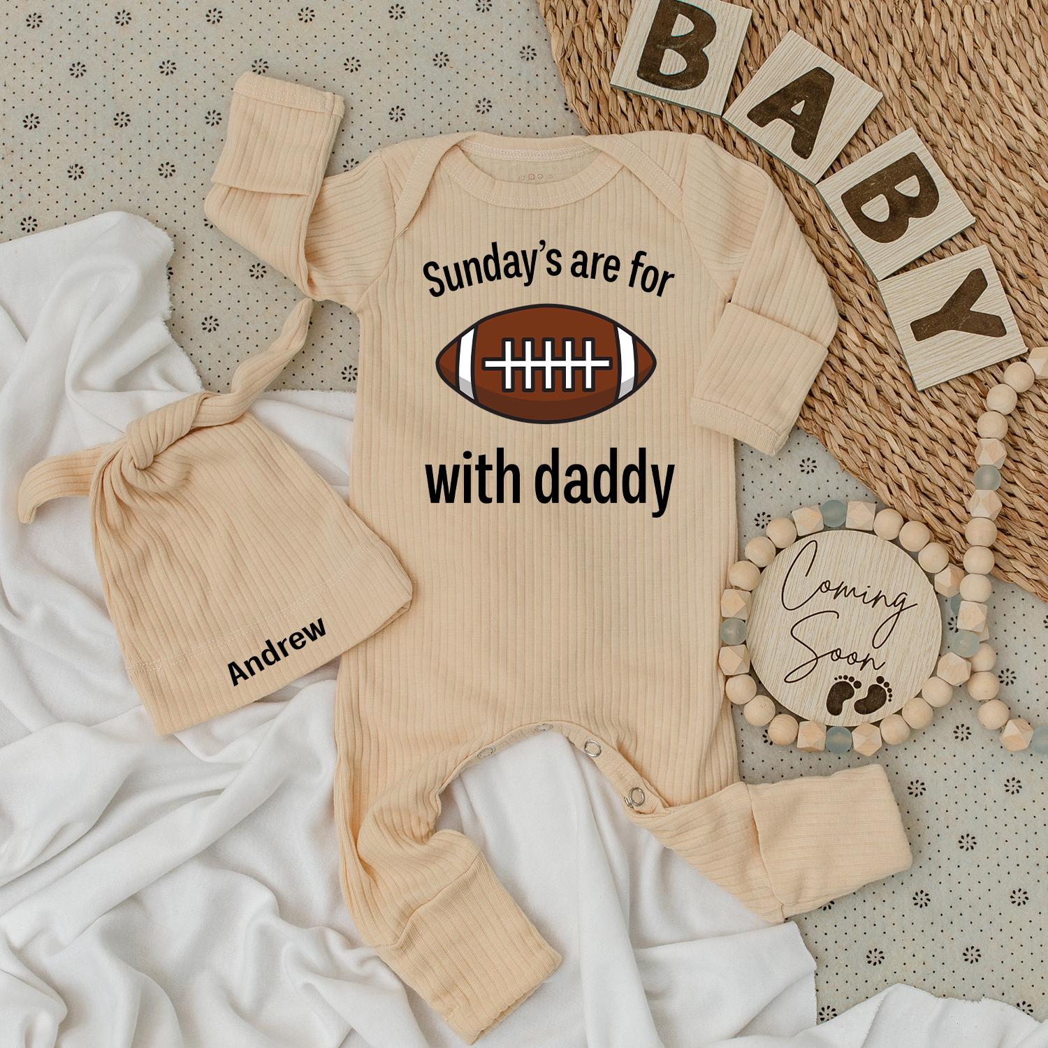 Personalized Andrew Sunday Football Baby Bodysuit Hat Set with Daddy Game Day Theme Infant Boy Soft Comfortable Gift