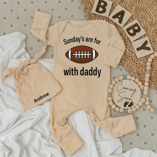 Personalized Andrew Sunday Football Baby Bodysuit Hat Set with Daddy Game Day Theme Infant Boy Soft Comfortable Gift
